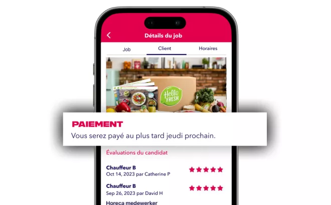 Une notification de l'app NOWJOBS sur un smartphone qui indique qu'un paiement vient d'être effectué 