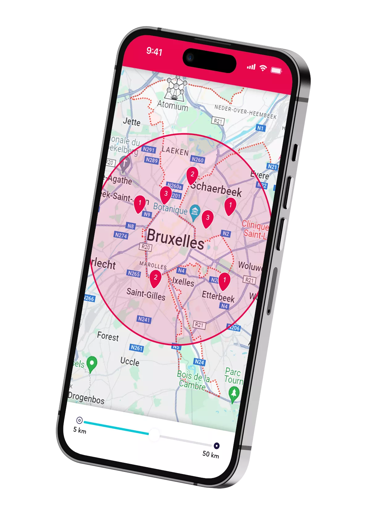 Un smartphone avec la carte de Bruxelles montrant les possibilités de flexi-jobs